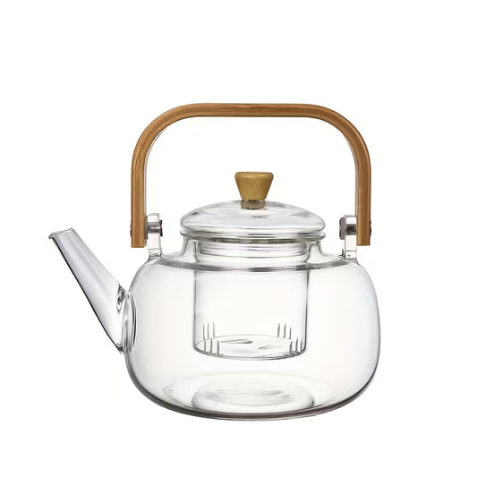 Clear Glass Teapot with Bamboo Handle and Steeper