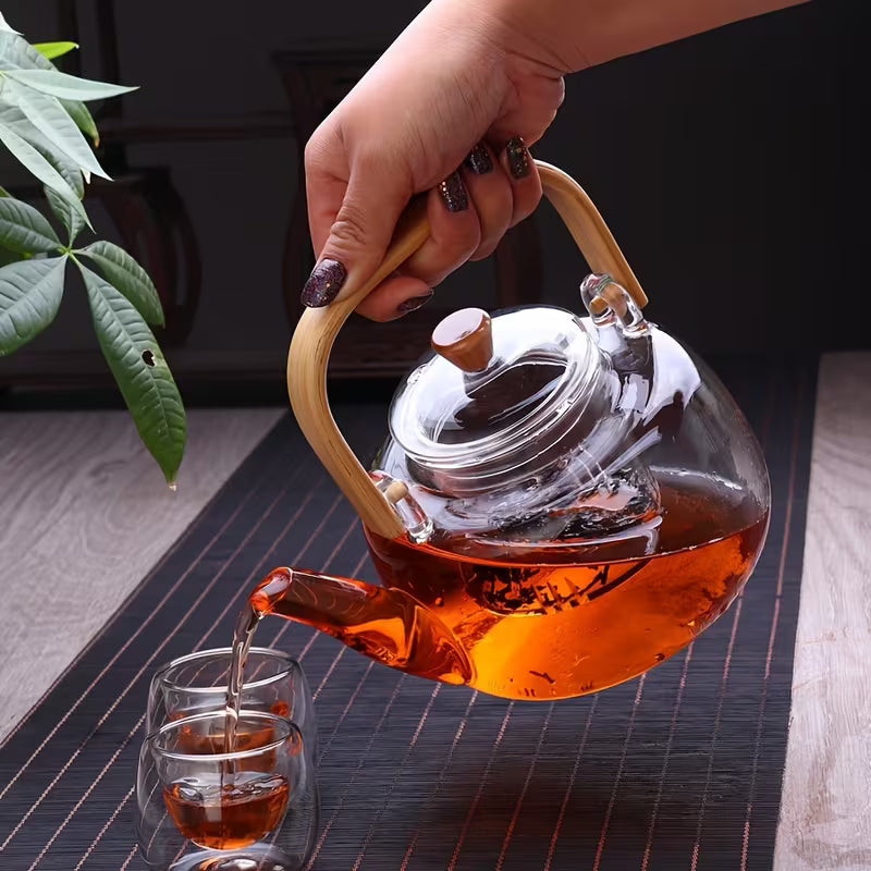 Clear Glass Teapot with Bamboo Handle and Steeper