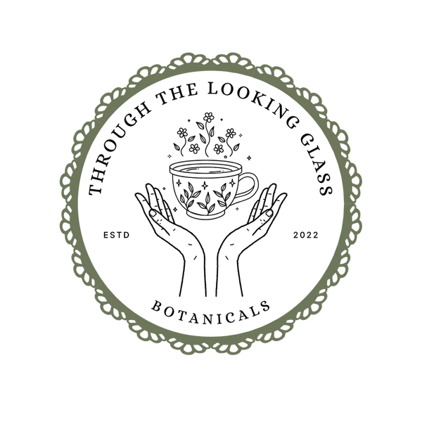 Logo for 'Through the Looking Glass Botanicals' with hands holding a cup of tea and plants.