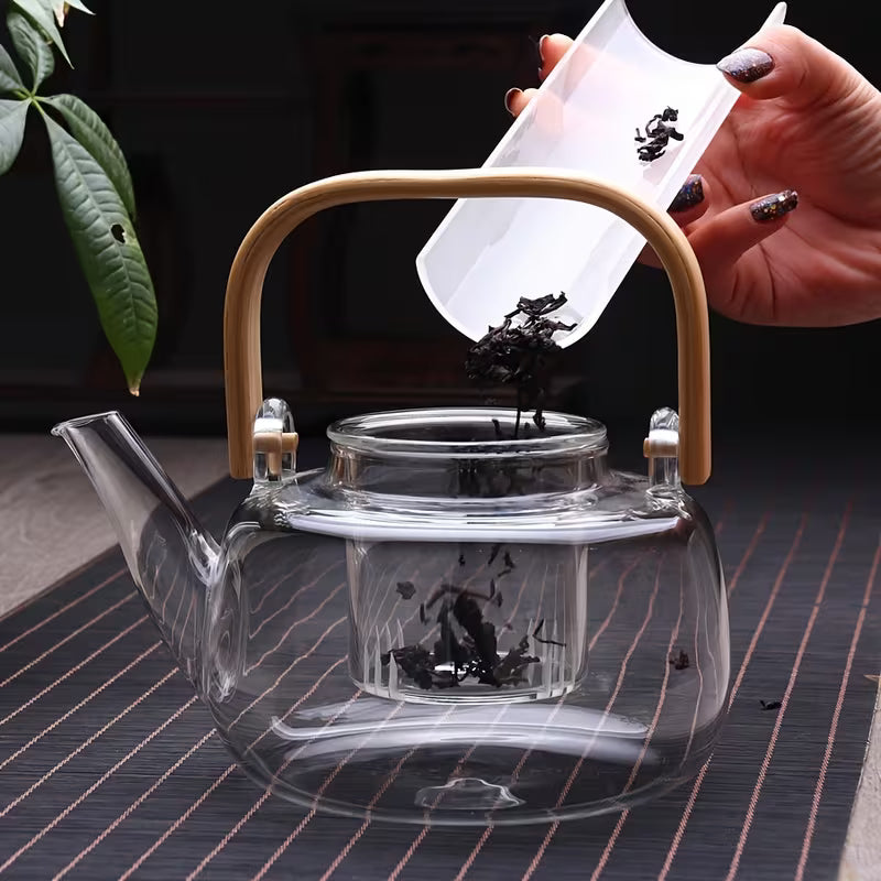 Clear Glass Teapot with Bamboo Handle and Steeper