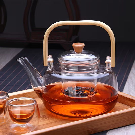 Clear Glass Teapot with Bamboo Handle and Steeper
