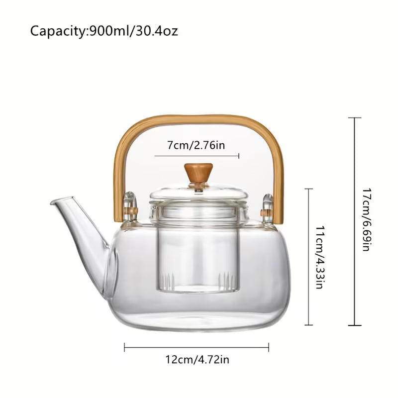 Clear Glass Teapot with Bamboo Handle and Steeper